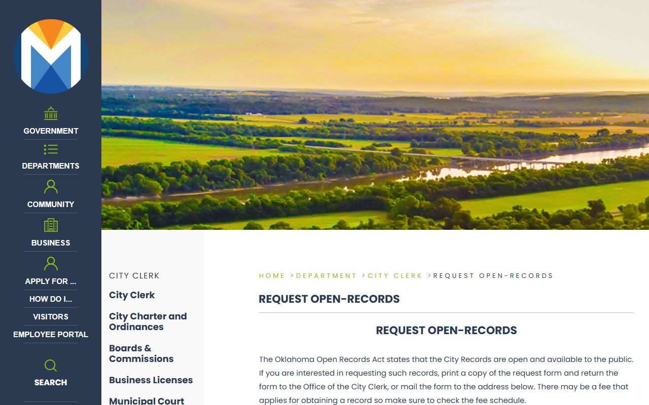 Muskogee County records request process shown on the City of Muskogee open-records page