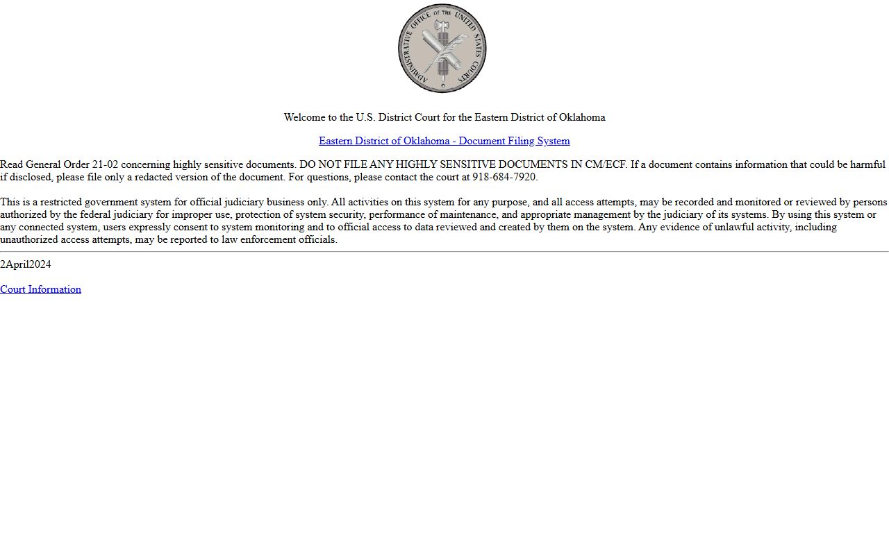 Muskogee County federal court records on the Eastern District CM/ECF filing system