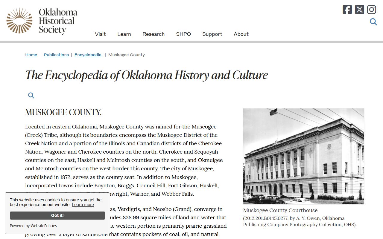Muskogee County history entry covering the county and its courts