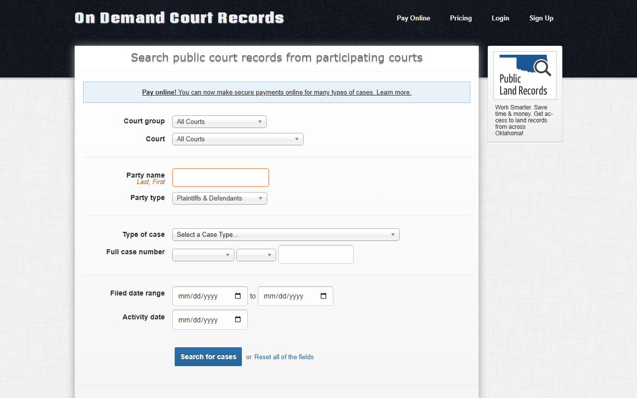 Muskogee County court records search on the ODCR portal