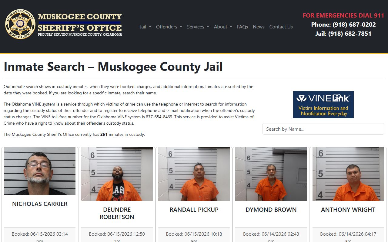 Muskogee County inmate records on the sheriff jail roster search page