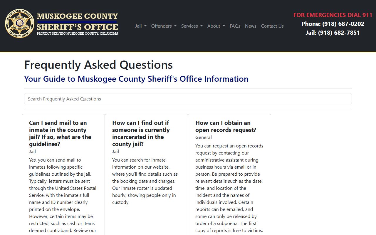Muskogee County inmate records and jail contacts on the sheriff FAQ page