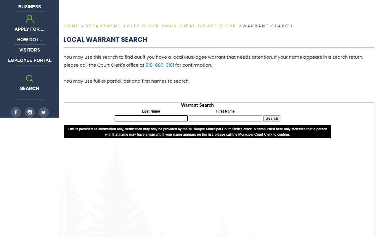 Muskogee County warrant records on the City of Muskogee local warrant search page