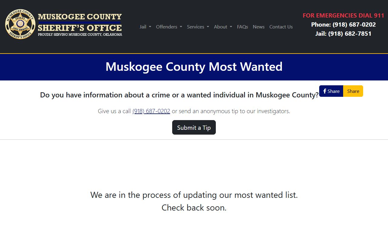Muskogee County warrant records on the Sheriff Most Wanted list page